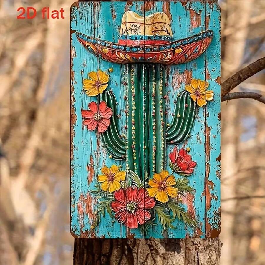 Cartel de metal con sombrero de paja vintage y cactus para el festival del Eid. Señal de metal multiusos adecuada para entornos interiores y exteriores, perfecta para cafés, bares, jardines, restaurantes, dormitorios y salas de estar. Diseño de montaje en pared, tamaño: 11.8 pulgadas X 7.87 pulgadas