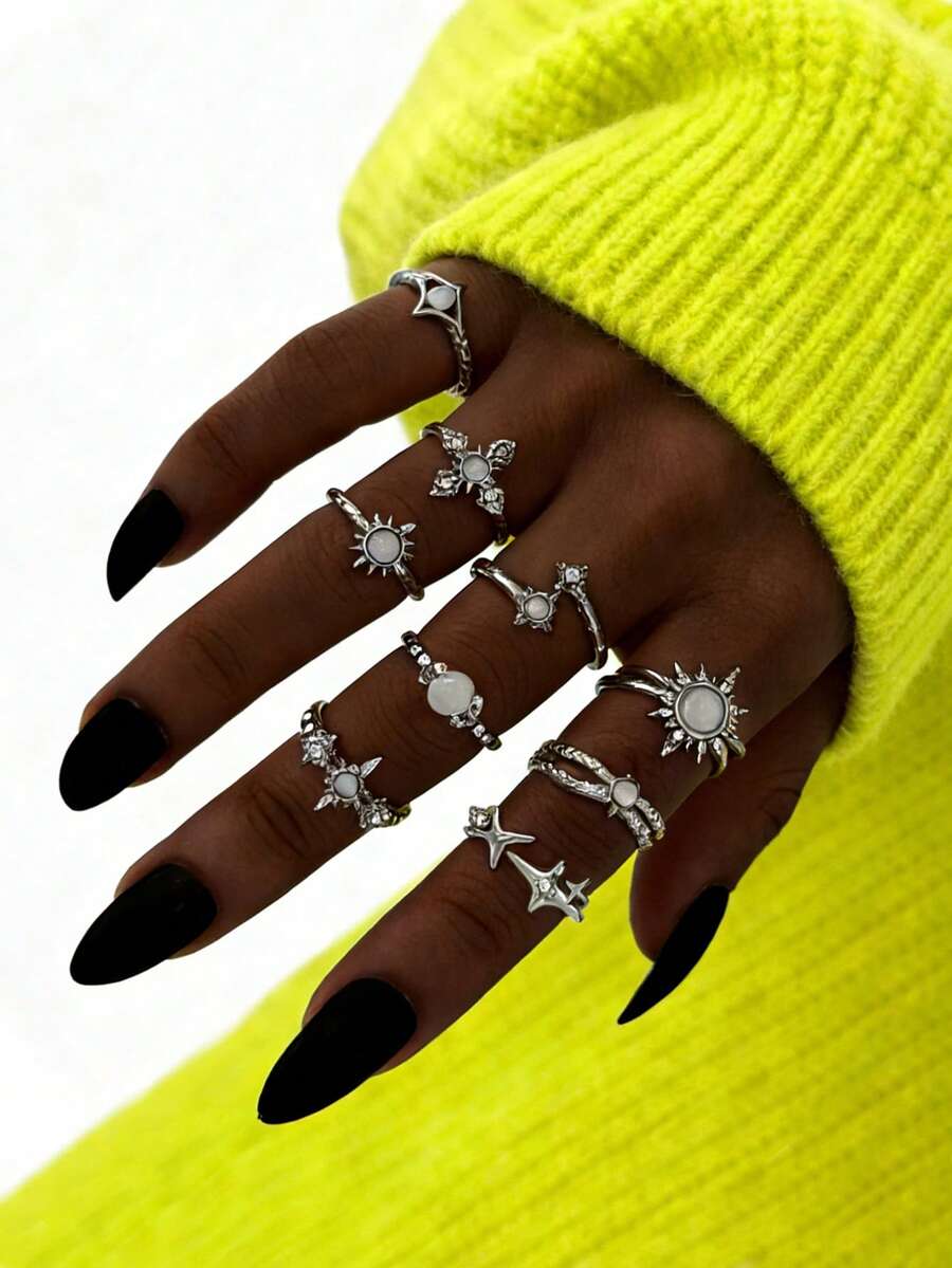 9pcs/Set Asymmetrical Star & Agate Stone Rings, Sweet & Cool Minimalist Cross Rhinestone Rings Set For Women - Silver - View 1