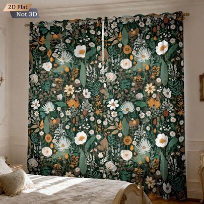 2pcs Green Plant & Floral Themed Curtains (2-Piece Set): Double Panel Green Leaf & Assorted Flower Pattern Printed Curtains, Fit All Width Windows - Blackout Curtains, Simple & Elegant Home Decor Background For Living Room And Bedroom, Fresh And Vibrant, Made Of Polyester Fabric, Machine Washable, Daily Home Decoration