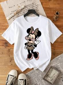 Disney White Background Minnie Mouse Leopard Print Style Loose Short Sleeve T-Shirt - Sweet And Cool Casual Top - 白色 - 查看 3
