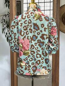 女士复古风立领荷叶边短袖佩斯利碎花休闲衬衫，春夏度假款 - 淺藍色 - 查看 5