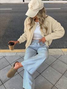 女士优雅法式浪漫休闲宽松针织开衫毛衣，简约设计，适合秋冬季穿着 - 卡其色 - 查看 3