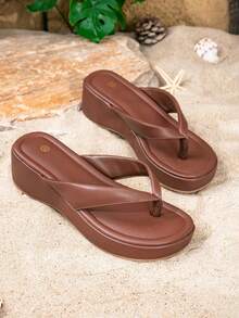 女士厚底坡跟复古人字拖，春夏穿搭 - 棕色 - 查看 7