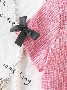 2pcs/Set Girls Elegant Bowknot Round Neck Short Sleeve Jacket And Skirt Set, Summer - Pink - View 6