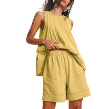 Women's 2 Piece Casual Matching Sets Sleeveless Tank Tops High Waist A Line Shorts Contrast Stitching With Pockets Summer Beach Outfit - 黃色 - 查看 2