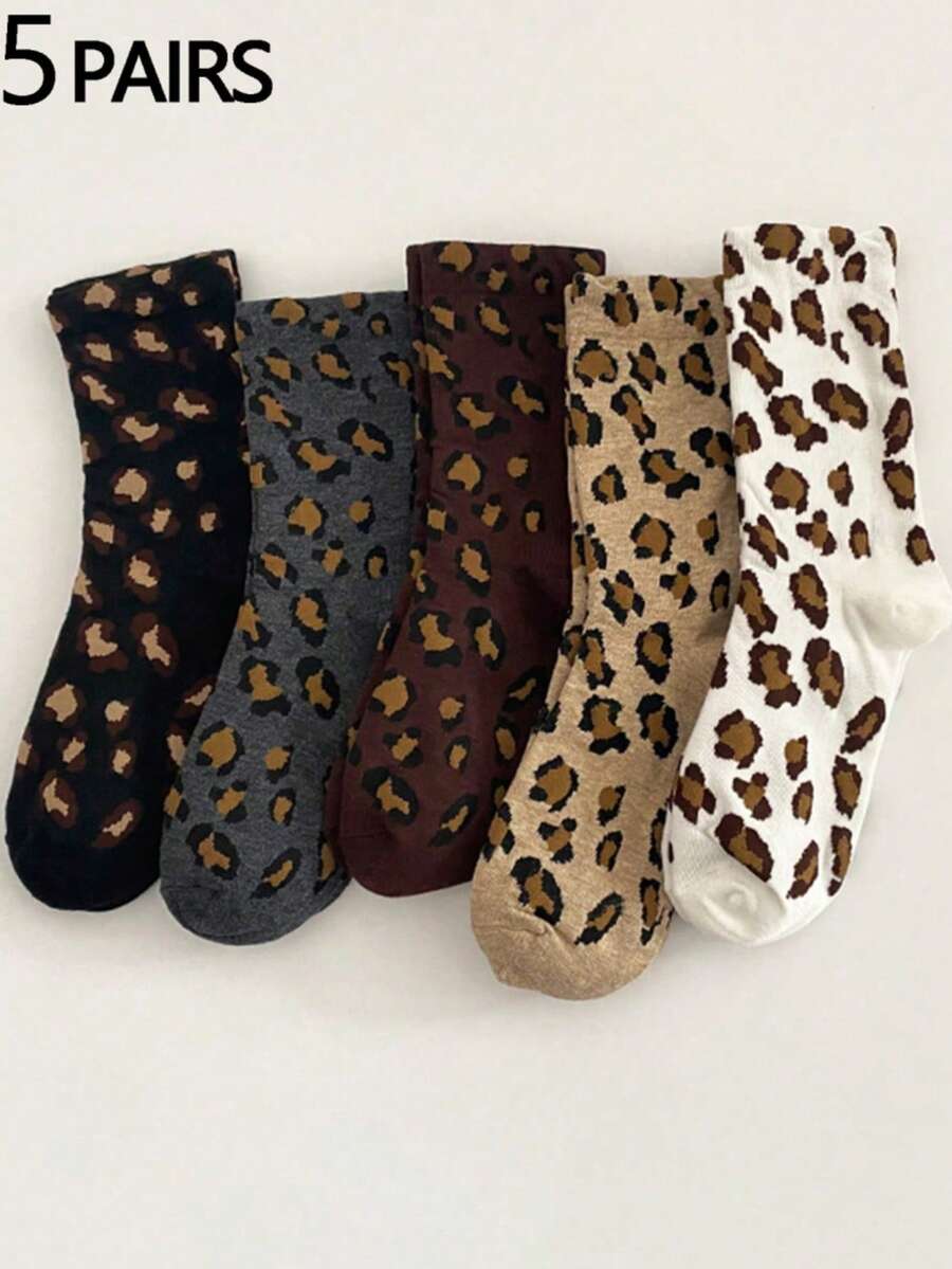 1/5/10 Pairs Women Leopard Print Sailor Socks, Cute Comfortable Breathable Moisture-Wicking Socks, Fun Gift, Creative Campus Style Socks For Women, Winter, Valentine's Day Gift - Crew Socks - View 1