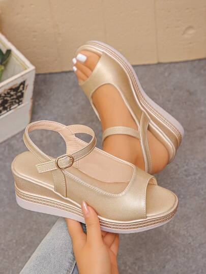 新款时尚休闲舒适简约坡跟户外派对百搭金色水钻成熟女性坡跟凉鞋