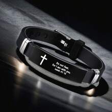 1 件可调节男士基督教手链，不锈钢和硅胶表带，带吊饰和圣经经文，是送给丈夫、父亲、男朋友、儿子的励志宗教珠宝礼物 - 黑色 - 查看 7