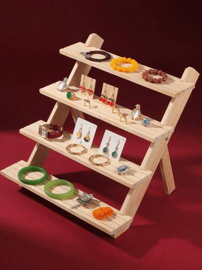 1 Pc Multi Layer Foldable Wooden Ladder Jewelry Display Stand Creative Storage Rack Heavy Duty Desktop Organizer Kitchen Storage Perfume Holder Cup Shelf Multi Size Trapezoid Stand For Toy Plant Home Office Dormitory Organization Back To School Essential