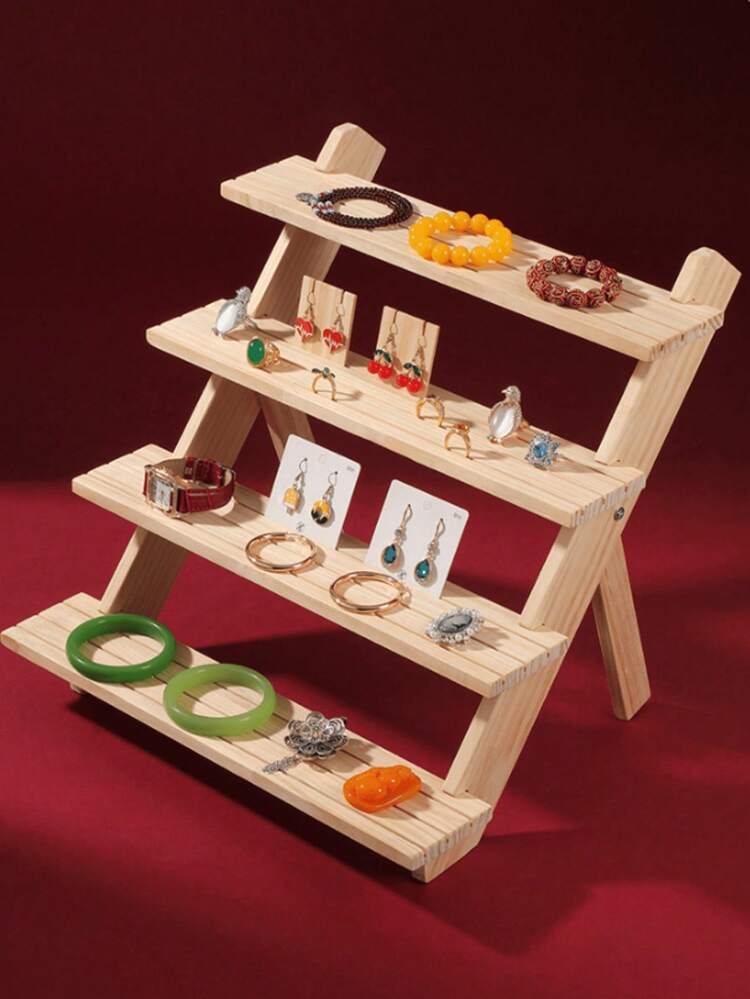 1 Pc Multi Layer Foldable Wooden Ladder Jewelry Display Stand Creative Storage Rack Heavy Duty Desktop Organizer Kitchen Storage Perfume Holder Cup Shelf Multi Size Trapezoid Stand For Toy Plant Home Office Dormitory Organization Back To School Essential - Multicolor - View 7