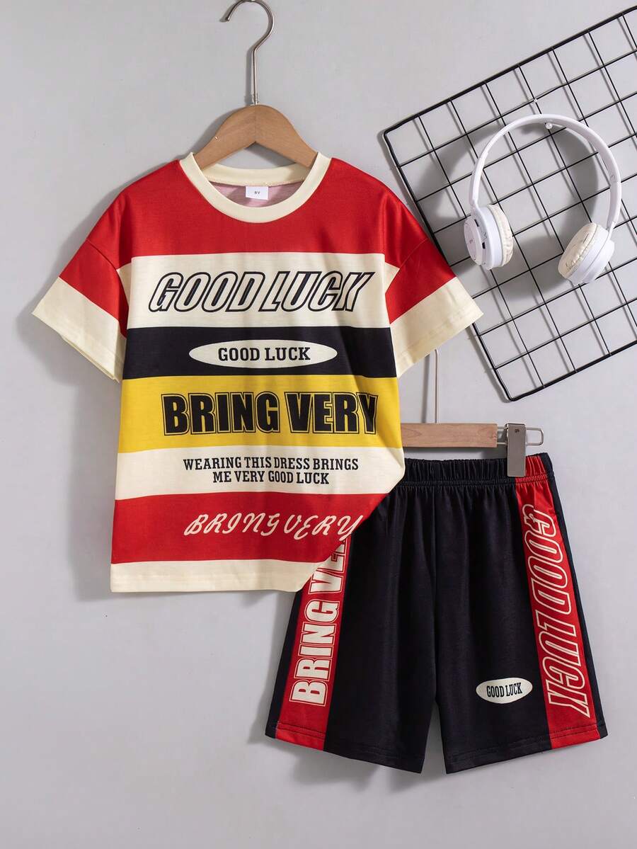 2 pièces/set Top à manches courtes avec imprimé arc-en-ciel et lettre, épaules tombantes, et short à taille élastique pour garçons. Tenue décontractée et pour le printemps/été - Noir - Voir 1