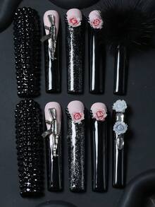 CrystalHola Valentine's Day 10 Pcs Handmade Press-On Nails, Square Long Nails, Y2K Color, Black And Pink Nail Base With Black Pom-Pom, 3D Flowers, Exquisite Accessories, Full Coverage, Removable And Reusable, Durable, Unique Summer Nail Art, A Must-Have Fashion Accessory For Parties And Weddings. Nail Supplies - Multicolor - View 3