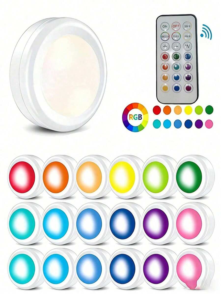 1/3/6pcs Battery Powered Round LED Lights, Battery Operated RGB Remote Control Decorative Night Lamp, Remote Included, Batteries Not Included, Magnetic Base, Suitable For Hallway, Bathroom, Bedroom, Cabinet, Stairs, Home Decor