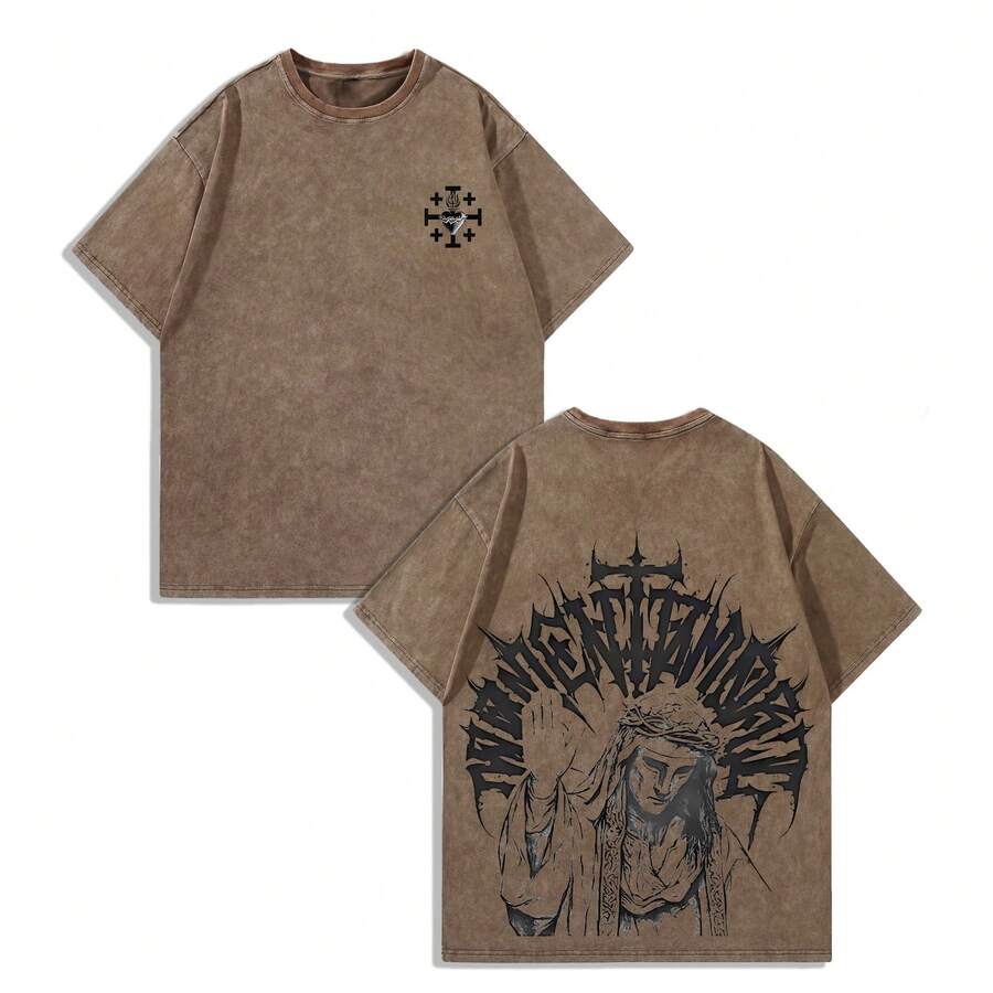 EWH Men Y2K "Jesus Crown Of Thorns" Vintage Washed Grey Christian Deathcore Style Graphic T-Shirt, 230g 100% Cotton Oversized Tee For Streetwear & Faith-Based Metal Fans Gifts 004-AB - 咖啡色 - 查看 1