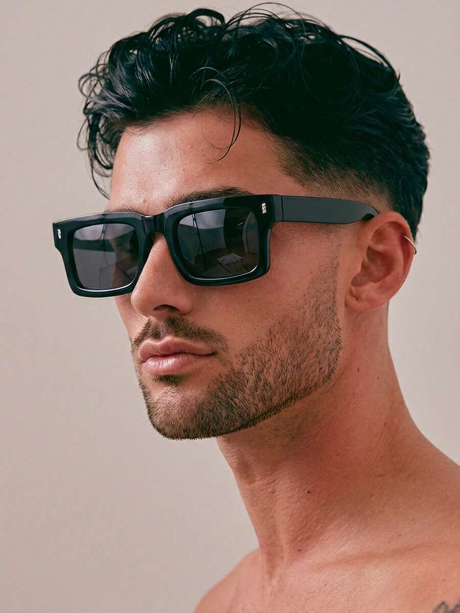 1 Pair Men's Personalized Square Frame Rivet Retro Vacation Street Style Fashion Fashion Glasses - Glossy Black - View 1