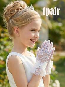 1 双女童白色蕾丝蝴蝶结手套，适合 4-12 岁儿童 - 1Pair - 查看 1