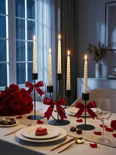 Valentine's Day Romantic Flameer 3 Arm Candle Holder, Elegant Black Metal Candlesticks, Candle Stand Candelabra For Wedding, Candlelight Dinner, Birthday Party, Party Dinner, Family Table Decoration, Metal Pillar Candle Holder Modern Iron Pillar Candle Holder Dining Table Centerpiece Birthday Party Wedding Dining Home Decoration Gift Candle Holder