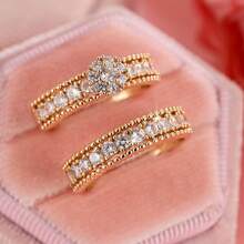 女士两件套铜戒指，优雅复古新娘叠戴戒指，镶嵌闪亮锆石，日常/婚礼首饰，情人节礼物 - 婚禮對戒1 - 查看 12