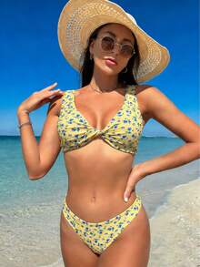 Bộ bikini hai mảnh nữ thanh lịch với họa tiết hoa và dây xoắn, kiểu dáng ngọt ngào, thích hợp cho các bữa tiệc biển, kỳ nghỉ hè. - Nhiều màu - Xem 7