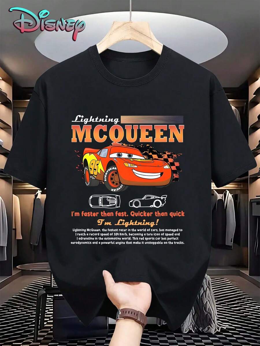Disney Racing Story "Lightning McQueen", Printed T-Shirts, Officially Authorized Brand Disney, Men's Shirts, Men's T-Shirts, Men's Summer Clothes, High-Quality 100% Cotton Shirts, Outdoor Sports, Perfect Gifts, Relaxed Street Style, Machine Washable, Equally Suitable For Men And Women, Outdoor Sports. - 黑色 - 查看 1