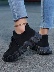 Extra Wide Width Sneakers For Women, Black Platform Knit Shoes With Artistic Sole & Anklet - 黑色 - 查看 5