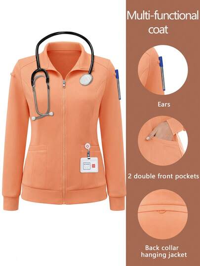 cimmuovere Áo khoác đồng phục nữ thường ngày, màu trơn, tay dài, có túi, thích hợp cho công việc, nha sĩ, chăm sóc sức khỏe, bệnh viện thú y, phòng thí nghiệm, mùa xuân.