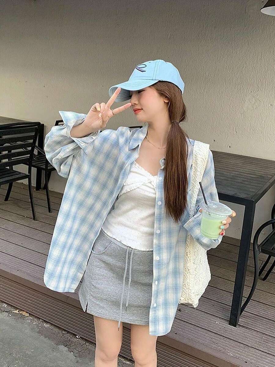 女士休闲/工作可爱格子印花轻薄长袖衬衫，春夏款 - 藍色 - 查看 1