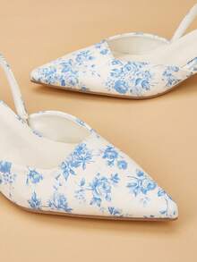 女士玫瑰印花真皮小猫跟鞋，优雅尖头高跟鞋，时尚踝带露趾高跟鞋，正式场合婚礼派对鞋（不对称饰边） - 白色 - 查看 5