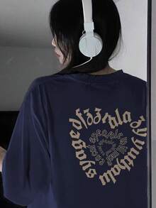 海军蓝简约休闲宽松双面字母爱心印花百搭通勤T恤，适合学生和女性，春夏款 - 藏蓝色 - 查看 4