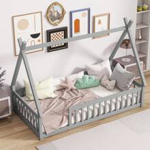 Twin Size Toddler Floor Bed With Guardrails & Slats, Grey Teepee Bed Frame For Kids, Boys, And Girls, Tent-Shaped Montessori Floor Bed - 灰色 - 查看 2