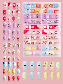 NAIO 120片装（5种款式）儿童小号按压式假指甲，亚克力材质，全覆盖，彩虹爱心可爱卡通亮面按压式假指甲套装，短款椭圆形假指甲套装，按压式美甲装饰礼品，附赠3卷胶带和3把指甲锉等美甲用品。 - 彩色 - 查看 17