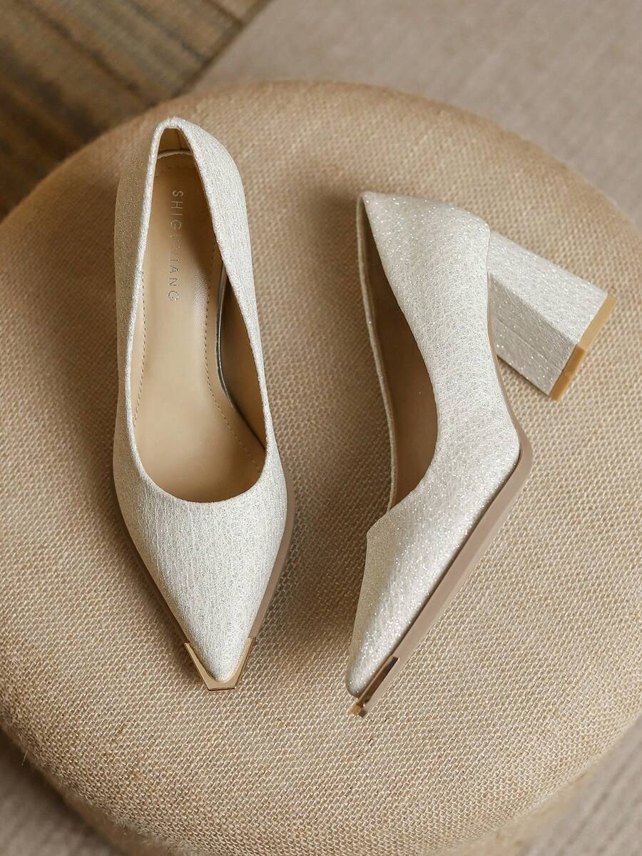 2026春季新款尖头高跟鞋，优雅简约时尚女士粗跟鞋 - 銀色 - 查看 1