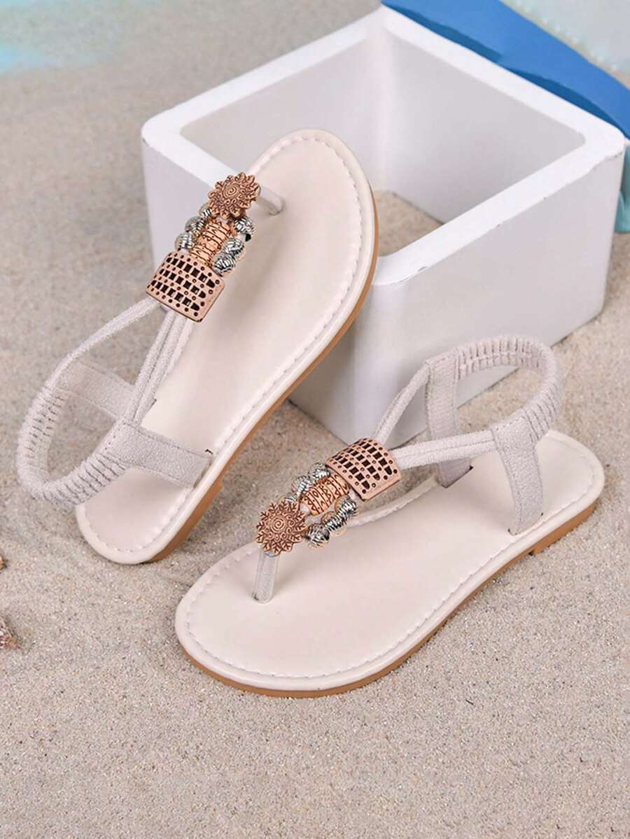 1双女童珍珠装饰平底凉鞋，防滑耐穿儿童罗马凉鞋，适合夏季穿着 - 米色 - 查看 1