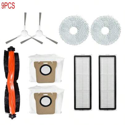 Compatible For Xiaomi Robot Vacuum X20+ / X20 Plus Replacement Parts Accessories Main Side Brush Hepa Filter Mop Cloth Dust Bag Kit - Includes 1 Main Brush 2 Side Brush 2 Hepa Filter 2 Mop Rag 2 Dust Bag (9-Pack)