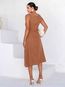 Women's Midi Dress With Draped Waist And Elegant Slit - Lạc đà - Xem 2