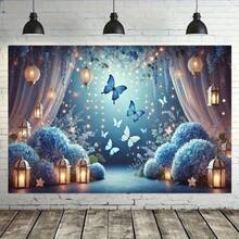 1 pièce Bannière plate 2D Décor de fête de jardin enchanteur avec un design de fleurs bleues rêveuses et de papillons, avec des lanternes, parfait pour les événements intérieurs/extérieurs, les vacances et les célébrations à thème, en matériau polyester, décoration de jardin - 1 PCS (1 pièce) - Voir 8