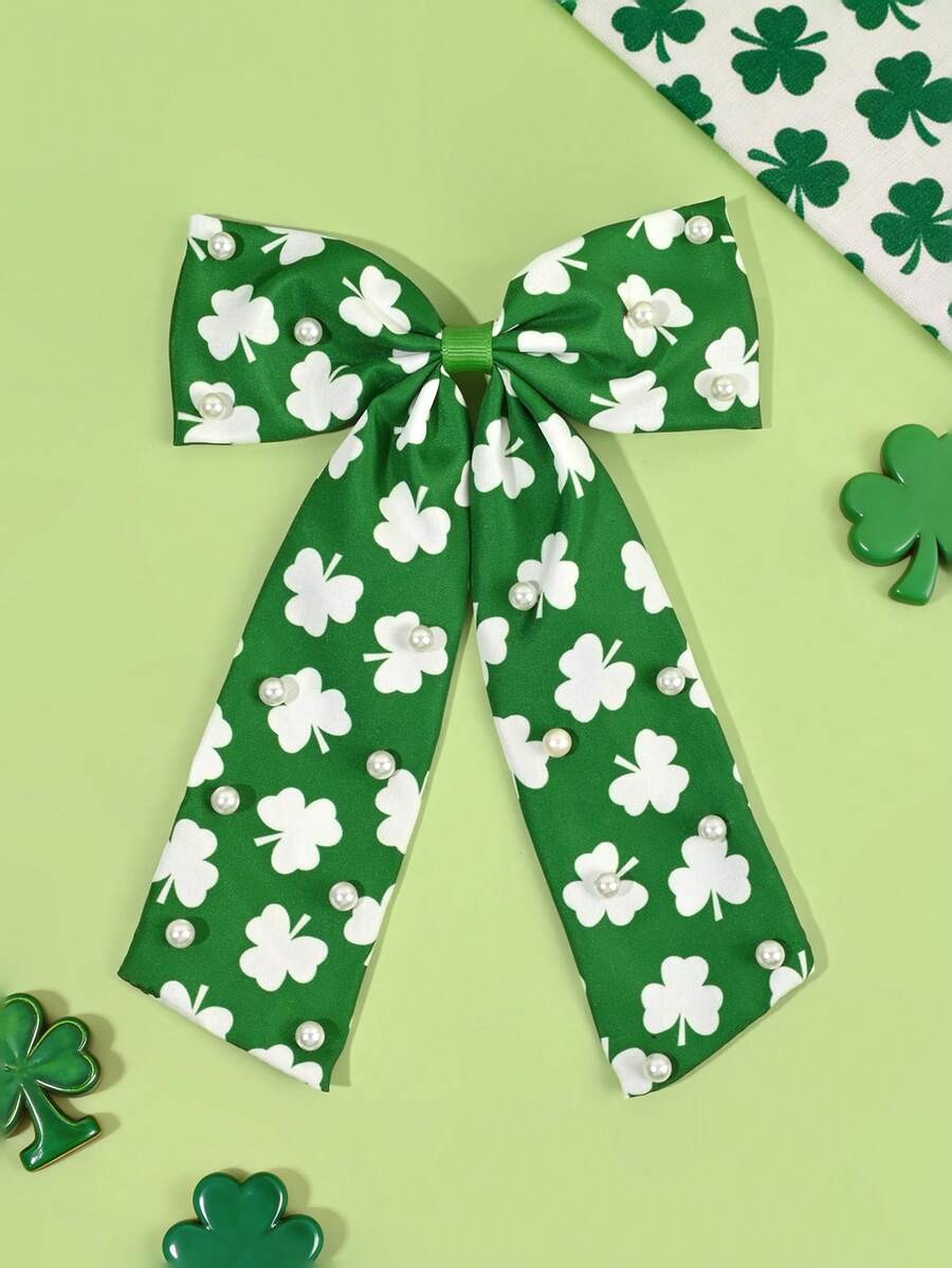 1pc St. Patrick's Day Shamrock Hair Bow For Girls Clover Printed Bow Alligator Clip Large Tail Hair Clip With Faux Pearl Decor Adorable Shamrock Barrettes Delicate St. Patrick's Day Hairpin Teens Hair Accessory ﻿ - Multicolor - View 1