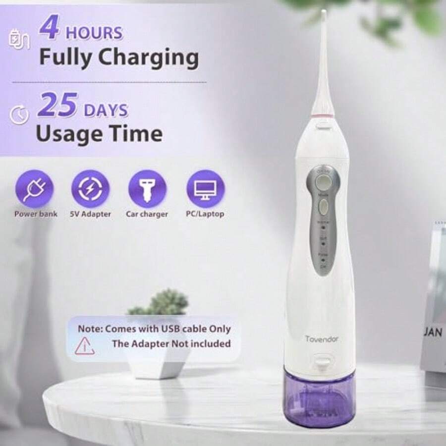 hilo dental eléctrico de agua inalámbrico, irrigador oral, 3 modos, 5 puntas, para higiene familiar, tanque de 300 ml, impermeable - Púrpura - Ver 1