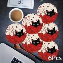 2pcs/4pcs/6pcs Red Heart, Cute Cat Pattern Silicone Placemats, Valentine's Day Style, Holiday Gift, Seasonal Decor, Suitable For Dining Table, Coffee Bar, Washable, Home Decor, Coasters, Draining Mats, Kitchen Table Mats, Indoor/Outdoor Party Decorations, Ideal Gift - Multicolor - View 8