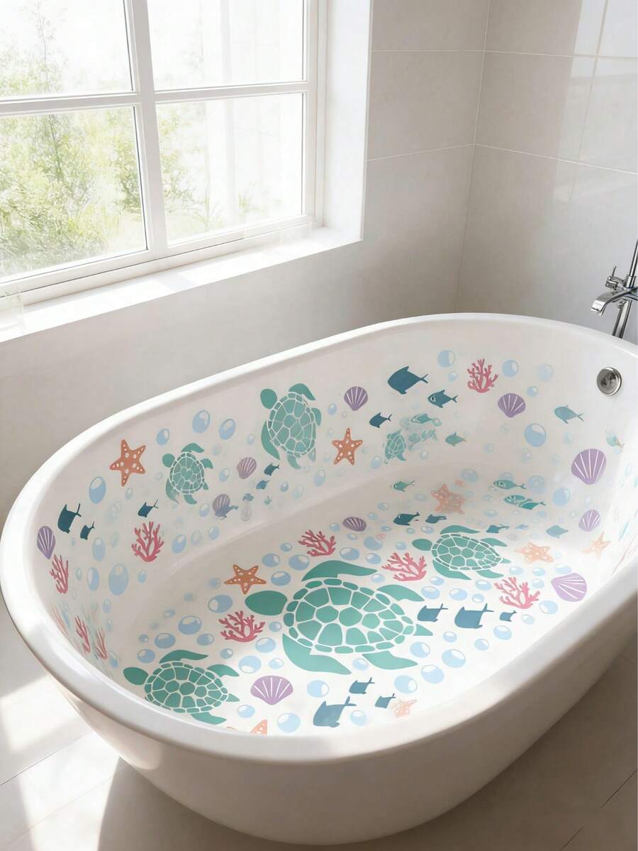 2张海龟及海洋生物浴缸贴纸，防滑乙烯基材质，防水防潮，自粘可移除，海洋生物图案，为浴室增添乐趣 - 彩色 - 查看 1
