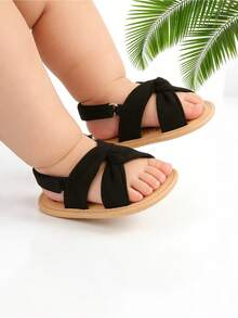 婴幼儿男女童夏季凉鞋，露趾蕾丝公主裙平底婚鞋，新生儿学步鞋软底防滑 - 黑色 - 查看 9