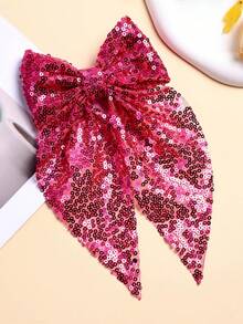 1个女孩闪亮亮片蝴蝶结发夹，可爱返校季亮粉色闪光蝴蝶结发夹金属鳄鱼夹发卡发饰，适合节日派对和日常使用 - 玫紅色 - 查看 6