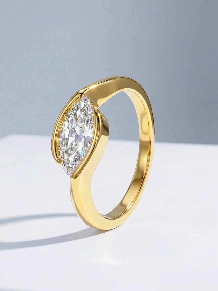 1枚梨形立方氧化锆优雅戒指，S925纯银镀铂金，精致首饰，适合日常佩戴，礼品之选 - 簡約扭臂馬眼戒指 - 查看 1