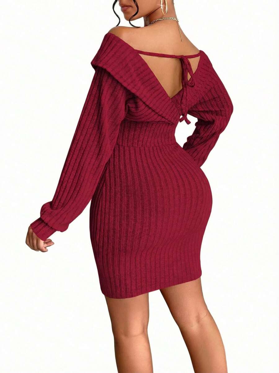 Blazique فستان كاجوال أنيق للنساء من أماريلو لموسم الخريف والشتاء 2024، بتصميم كتف واحد وقماش مطاطي بلون واحد، قابل للارتداء بطريقتين مختلفتين، مناسب للحياة اليومية والمواعدة والحفلات - أحمر غامق - مشاهدة 1