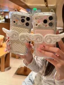 高端水钻白色翅膀星形设计手机壳，全包覆式保护套，兼容 14 Pro Max、16，适合女性，防摔，兼容 15、16 Pro Max。 - 粉色 - 查看 2