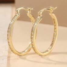1pair Elegant Sparkling Large Hoop Earrings For Women KC Golden Plated Zinc Alloy, Boho Chic Style, Versatile Daily Wear & Holiday Parties, Durable Jewelry - Gold - View 8
