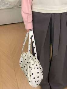 韩式极简波点单肩包，大容量布艺手提包，超轻便携，适合旅行、通勤、户外活动、日常购物，波点图案 - 白色 - 查看 4