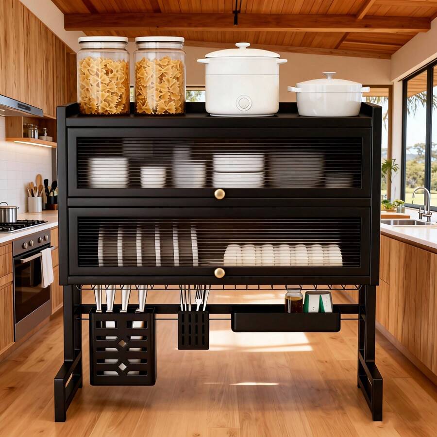 4-Tier Over Sink Dish Draining Rack, Adjustable Width And Height, With Phone Holder, Cup Holder, Knife And Chopstick Holder, Cutting Board Rack, Space-Saving Rack - màu đen - Xem 1
