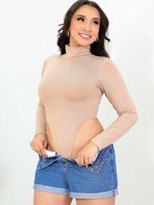 ✨ Kit com 2 Bodies Femininos Cavados – Manga Longa, Gola Alta, Tamanho Único ✨ Casual Sensual Festa Poliéster Corte alto Feriado Festa de aniversário Namorando - Vinho/Bege - Visão 7