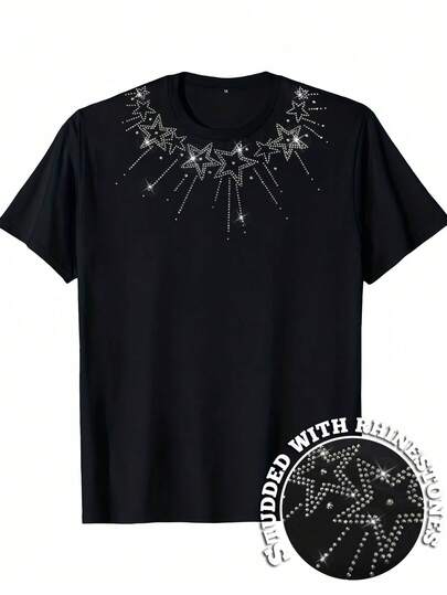 Men's Casual Luxury Top, Rhinestone Star & Firework Decor Collar, Round Neck T-Shirt, Suitable For Spring/Summer Wear, Daily Outings & Casual Gatherings
